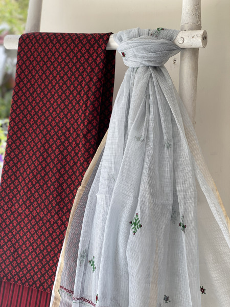 MAROON & ASH PHULWARI HAND EMBROIDERED KOTA DUPATTA SET