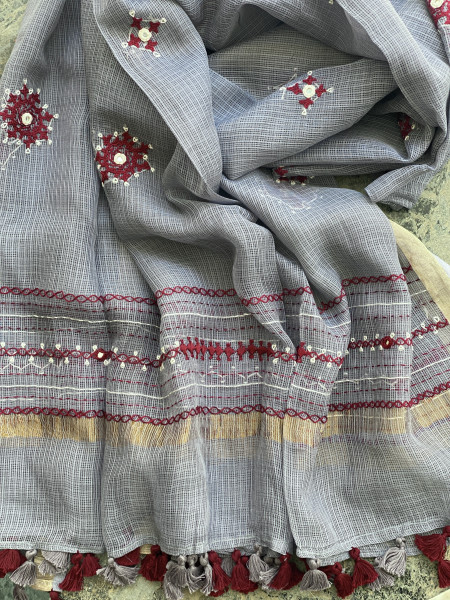 MUSTARD & GREY PHULWARI HAND EMBROIDERED KOTA DUPATTA SET