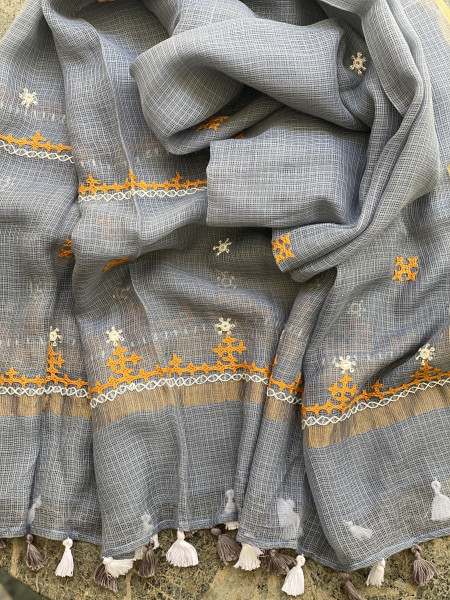 YELLOW & GREY PHULWARI HAND EMBROIDERED KOTA DUPATTA SET