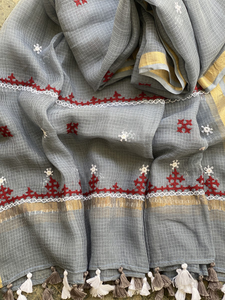 OFF WHITE & GREY PHULWARI HAND EMBROIDERED KOTA DUPATTA SET