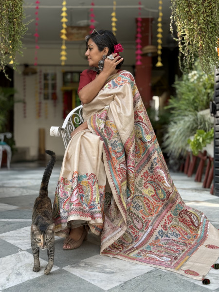 BEIGE KANTHA HAND EMBROIDERED TUSSAR  SILK SARI