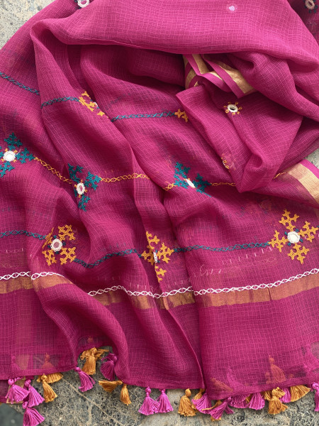 FLAME & WINE PHULWARI HAND EMBROIDERED KOTA DUPATTA SET