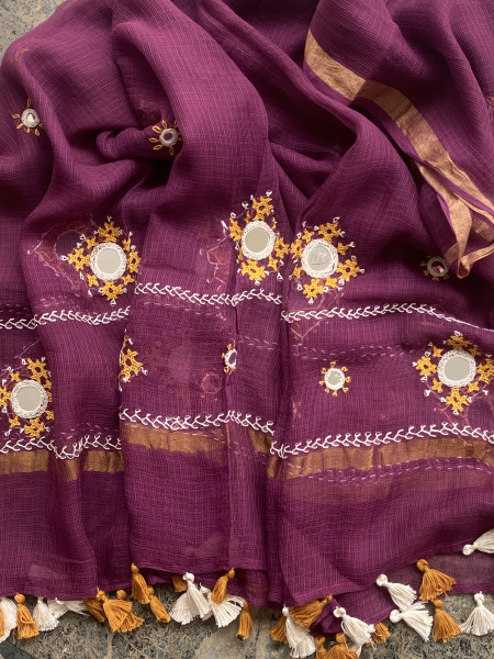 MUSTARD & WINE PHULWARI HAND EMBROIDERED KOTA DUPATTA SET