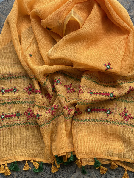 NAVY BLUE & YELLOW PHULWARI HAND EMBROIDERED KOTA DUPATTA SET