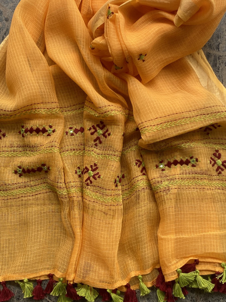 RUST-RED & YELLOW PHULWARI HAND EMBROIDERED KOTA DUPATTA SET
