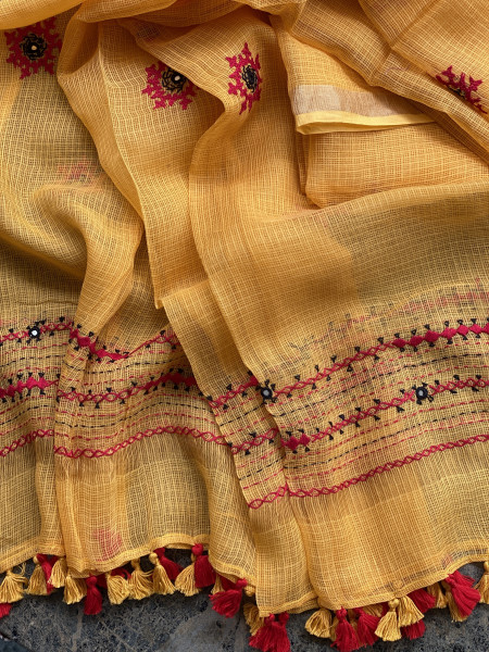 BOTTLE GREEN & YELLOW PHULWARI HAND EMBROIDERED KOTA DUPATTA SET