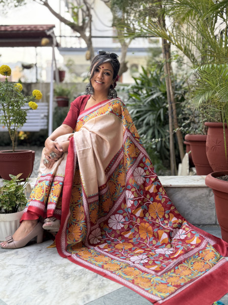 BEIGE KANTHA HAND EMBROIDERED TUSSAR  SILK SARI