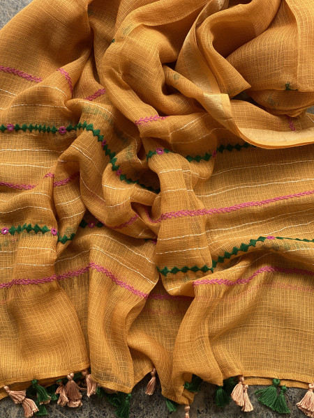 MAGENTA & MUSTARD PHULWARI HAND EMBROIDERED KOTA DUPATTA SET