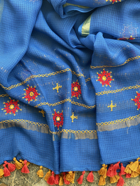 FAWN & BLUE PHULWARI HAND EMBROIDERED KOTA DUPATTA SET
