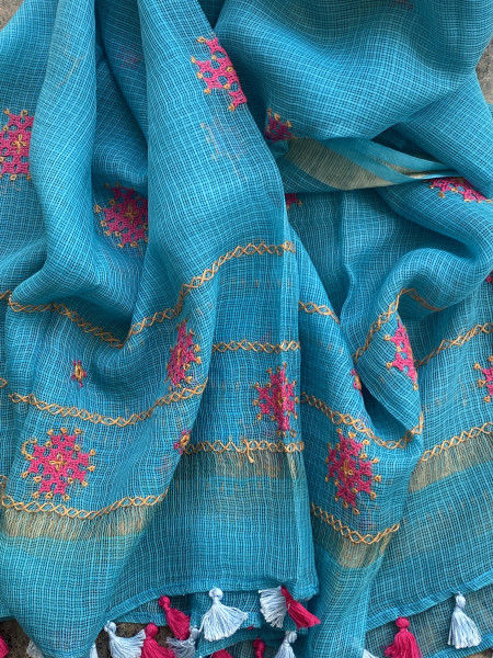 PINK & AQUA PHULWARI HAND EMBROIDERED KOTA DUPATTA SET