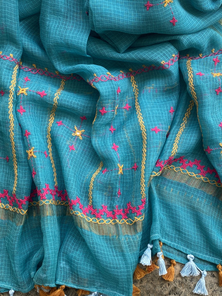 MINT GREEN & AQUA PHULWARI HAND EMBROIDERED KOTA DUPATTA SET