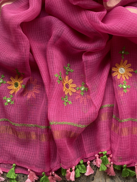 BOTTLE GREEN & PINK PHULWARI HAND EMBROIDERED KOTA DUPATTA SET