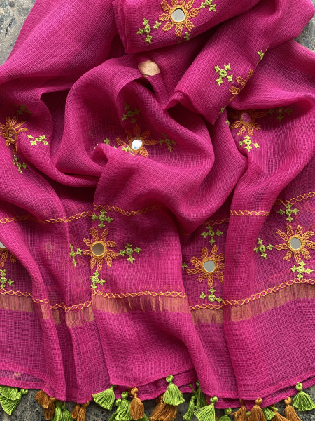 GREEN & PINK PHULWARI HAND EMBROIDERED KOTA DUPATTA SET
