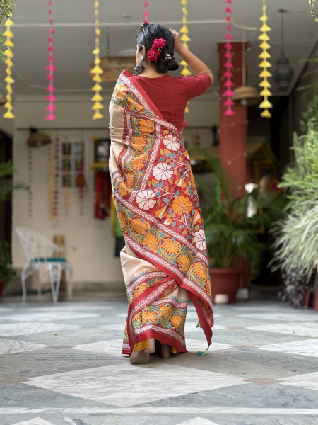 BEIGE KANTHA HAND EMBROIDERED TUSSAR  SILK SARI