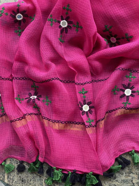 BLACK & PINK PHULWARI HAND EMBROIDERED KOTA DUPATTA SET