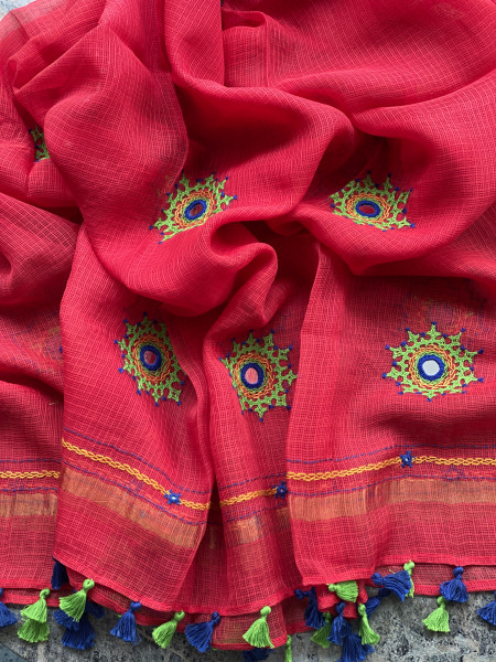 INDIGO & RED PHULWARI HAND EMBROIDERED KOTA DUPATTA SET
