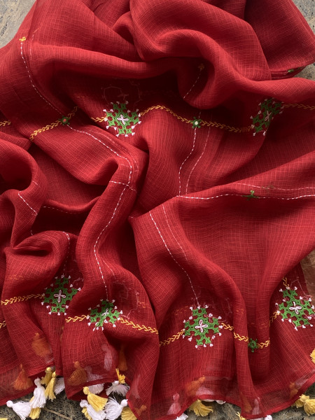 FAWN & RED PHULWARI HAND EMBROIDERED KOTA DUPATTA SET