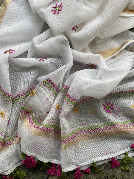 PURPLE-PINK & OFF WHITE PHULWARI HAND EMBROIDERED KOTA DUPATTA SET