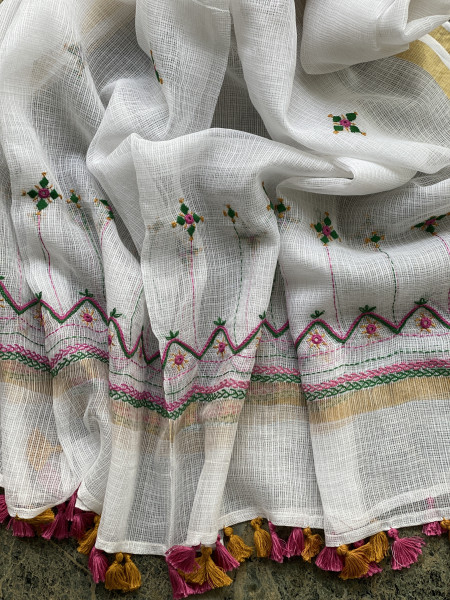 PINK & OFF WHITE PHULWARI HAND EMBROIDERED KOTA DUPATTA SET