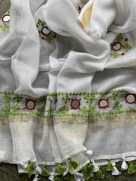 CHERRY & OFF WHITE PHULWARI HAND EMBROIDERED KOTA DUPATTA SET