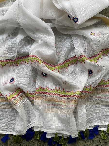 LIME GREEN & OFF WHITE PHULWARI HAND EMBROIDERED KOTA DUPATTA SET