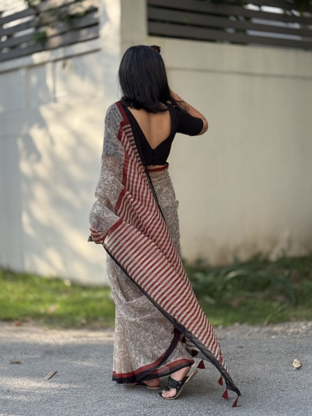 BEIGE-BLACK HAND BLOCK PRINT COTTON KOTA SARI
