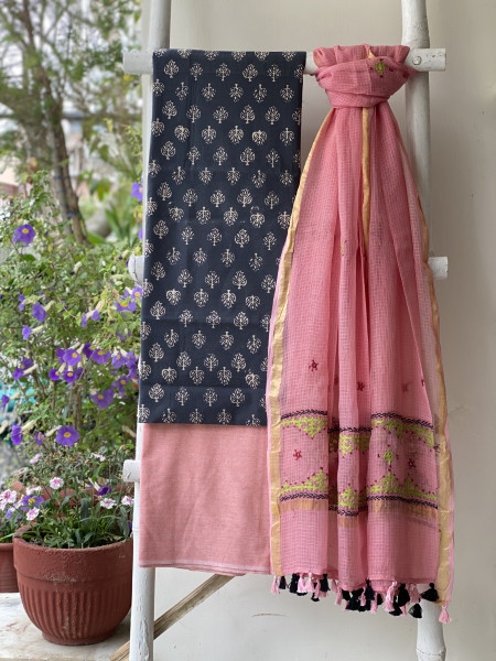 GREY & PEACH PHULWARI HAND EMBROIDERED KOTA DUPATTA SET