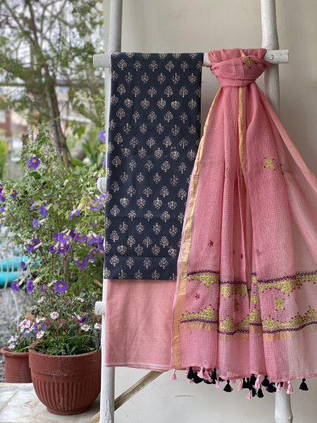 GREY & PEACH PHULWARI HAND EMBROIDERED KOTA DUPATTA SET