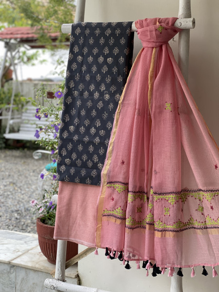 GREY & PEACH PHULWARI HAND EMBROIDERED KOTA DUPATTA SET