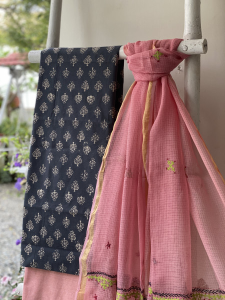 GREY & PEACH PHULWARI HAND EMBROIDERED KOTA DUPATTA SET