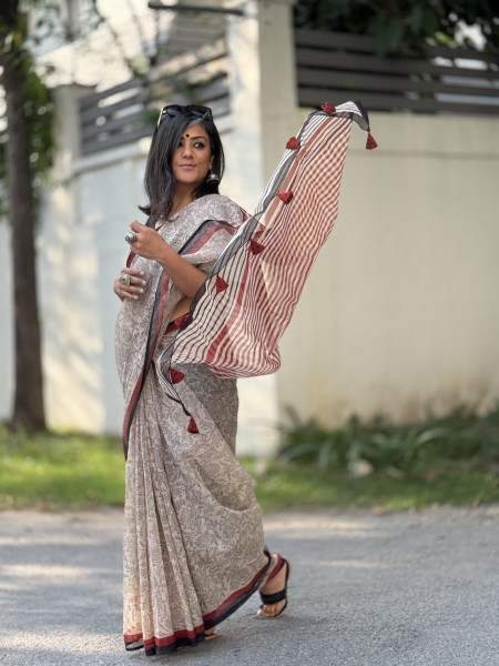 BEIGE-BLACK HAND BLOCK PRINT COTTON KOTA SARI