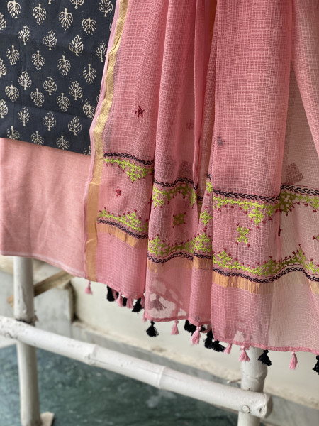 GREY & PEACH PHULWARI HAND EMBROIDERED KOTA DUPATTA SET