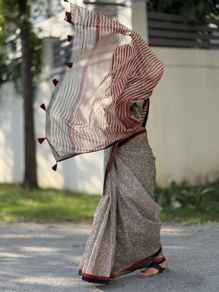 BEIGE-BLACK HAND BLOCK PRINT COTTON KOTA SARI