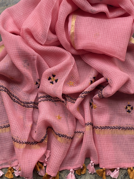 BLUE & PEACH PHULWARI HAND EMBROIDERED KOTA DUPATTA SET