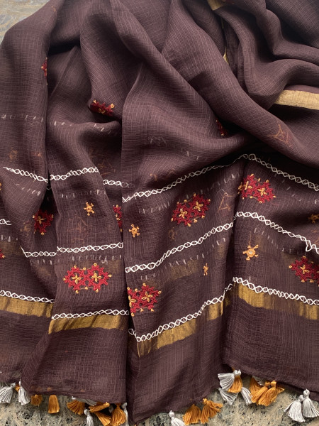 YELLOW & BROWN PHULWARI HAND EMBROIDERED KOTA DUPATTA SET