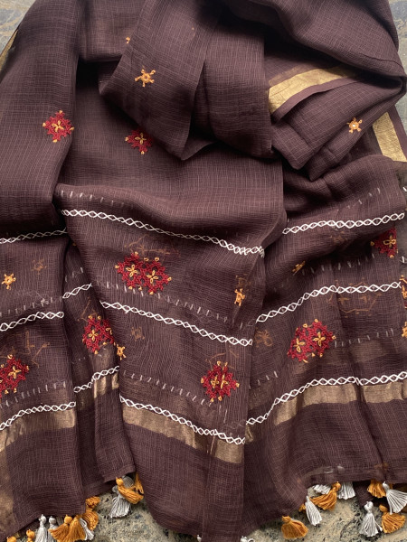 MUSTARD & BROWN PHULWARI HAND EMBROIDERED KOTA DUPATTA SET