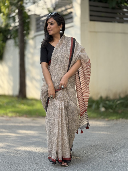BEIGE-BLACK HAND BLOCK PRINT COTTON KOTA SARI