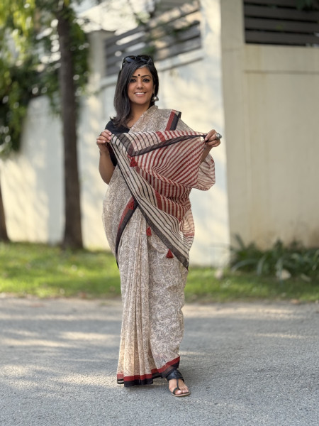BEIGE-BLACK HAND BLOCK PRINT COTTON KOTA SARI