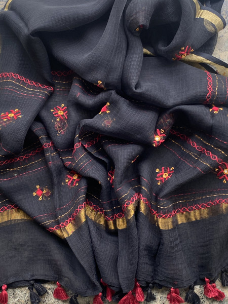 BEIGE & BLACK PHULWARI HAND EMBROIDERED KOTA DUPATTA SET