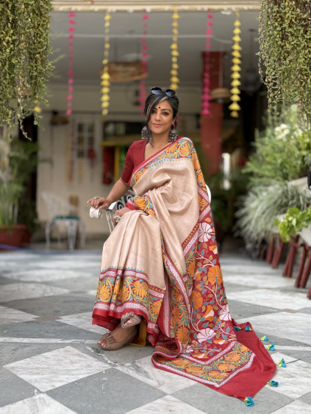 BEIGE KANTHA HAND EMBROIDERED TUSSAR  SILK SARI
