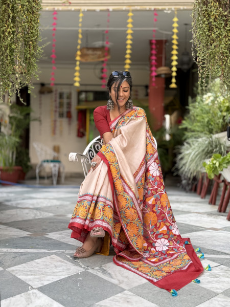 BEIGE KANTHA HAND EMBROIDERED TUSSAR  SILK SARI