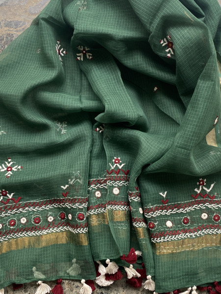 MUSTARD & SAGE GREEN PHULWARI HAND EMBROIDERED KOTA DUPATTA SET