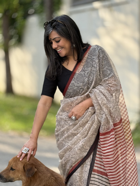 BEIGE-BLACK HAND BLOCK PRINT COTTON KOTA SARI