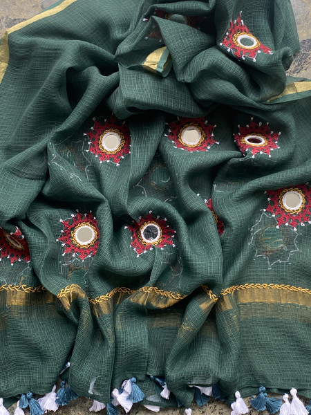 RUST & SAGE GREEN PHULWARI HAND EMBROIDERED KOTA DUPATTA SET