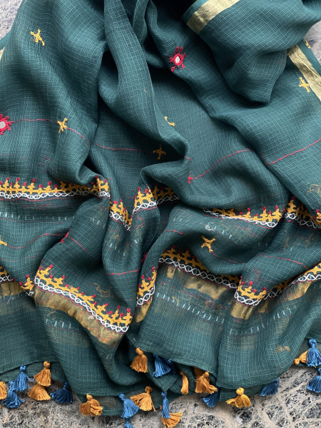 MUSTARD & BOTTLE GREEN PHULWARI HAND EMBROIDERED KOTA DUPATTA SET