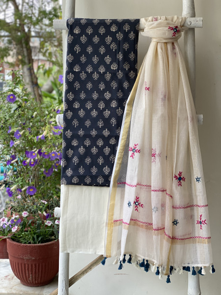 GREY & CREAM PHULWARI HAND EMBROIDERED KOTA DUPATTA SET