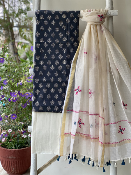 GREY & CREAM PHULWARI HAND EMBROIDERED KOTA DUPATTA SET