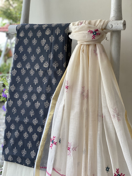GREY & CREAM PHULWARI HAND EMBROIDERED KOTA DUPATTA SET