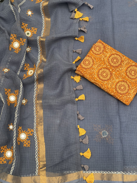 GREY  KOTA COTTON HAND EMBROIDERED SARI
