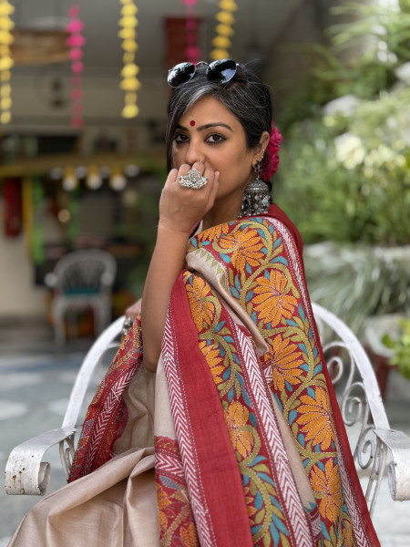 BEIGE KANTHA HAND EMBROIDERED TUSSAR  SILK SARI